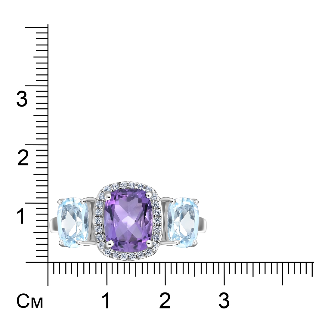 Серебряное кольцо 925 пробы; вставки 1 Аметист 1,9ct; 2 Топаз 2ct; Россыпь Куб. Цирконий бесцв. 0,2c