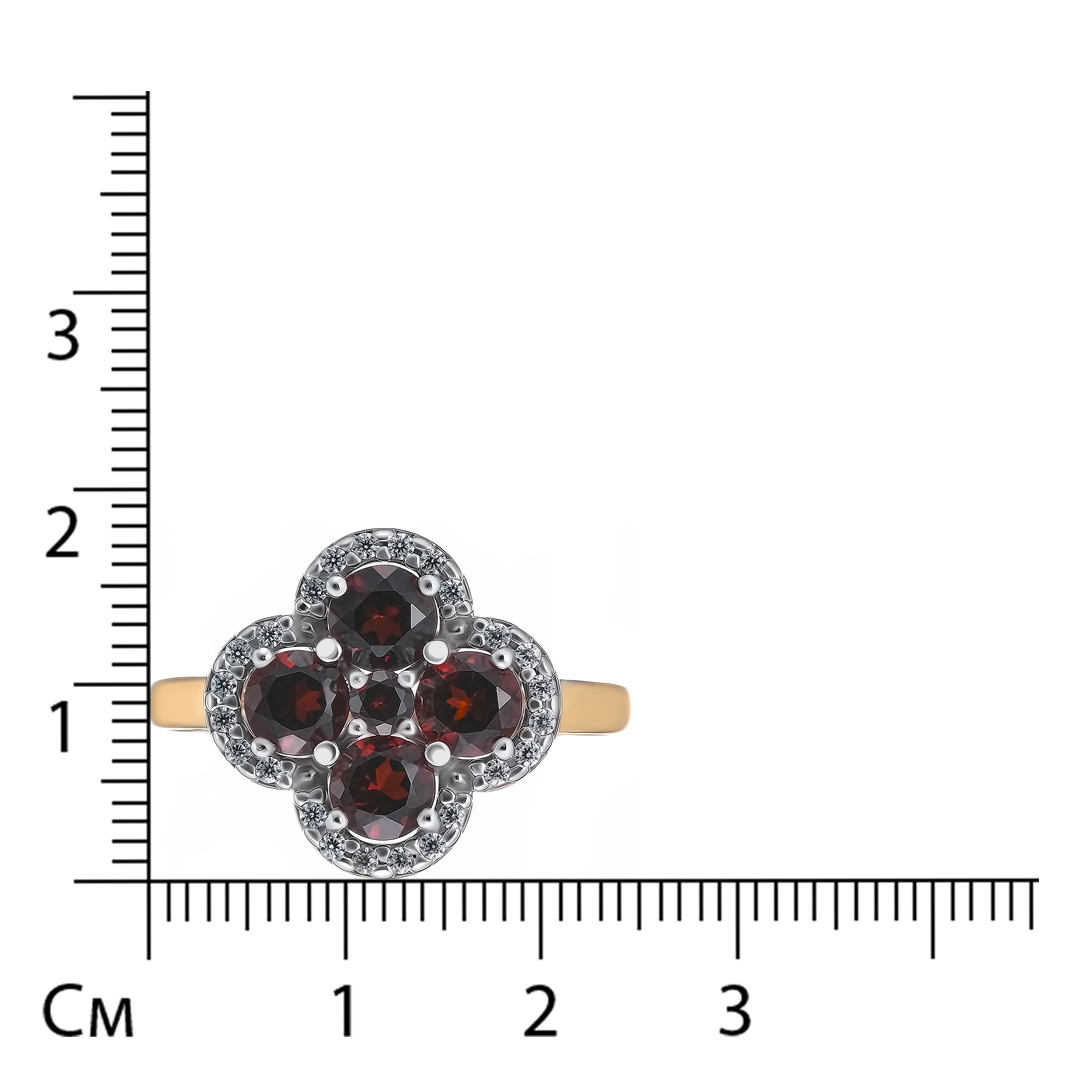 Серебряное кольцо 925 пробы; вставки 5 Гранат; 24 Фианит бесцв.;