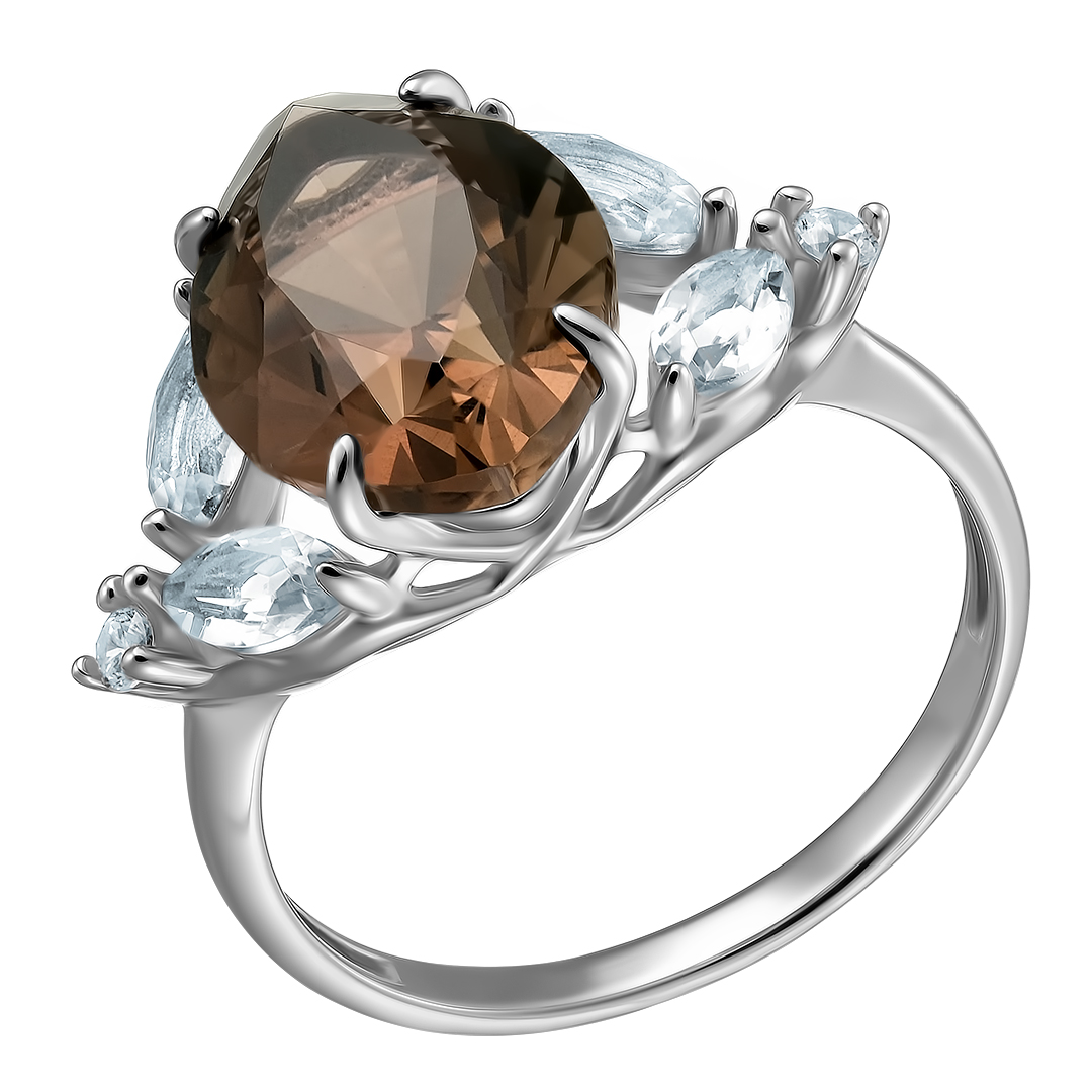Серебряное кольцо 925 пробы; вставки 1 Раухтопаз; 4 Горный Хрусталь; 2 Фианит бесцв.;