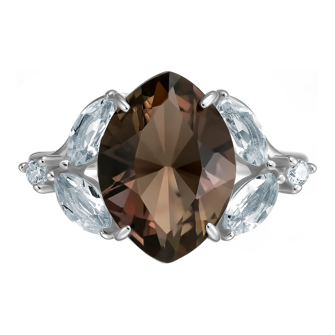 Серебряное кольцо 925 пробы; вставки 1 Раухтопаз; 4 Горный Хрусталь; 2 Фианит бесцв.;