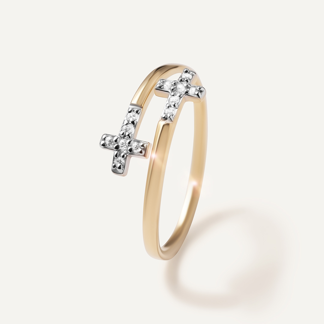 Незамкнутое кольцо из желтого золота с фианитами "Крестики"
