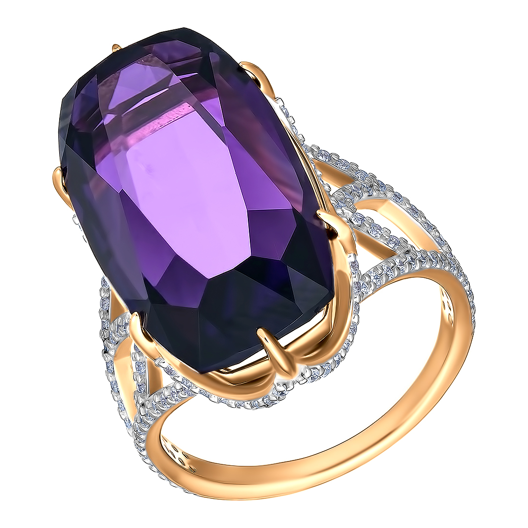 Серебряное кольцо 925 пробы; вставки 1 Аметист; 124 Фианит бесцв.;