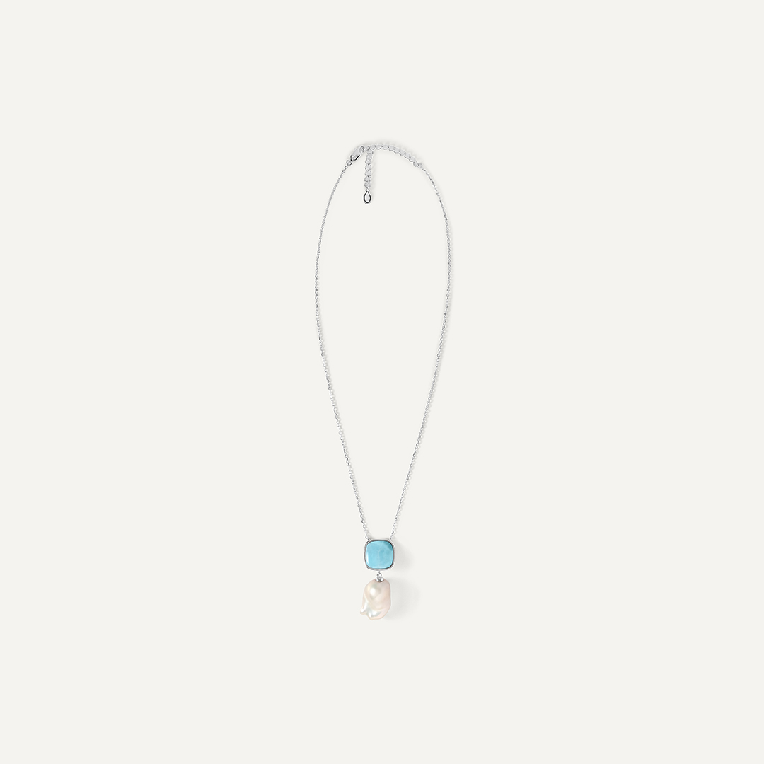 Серебряное колье с ларимаром и жемчугом Барокко