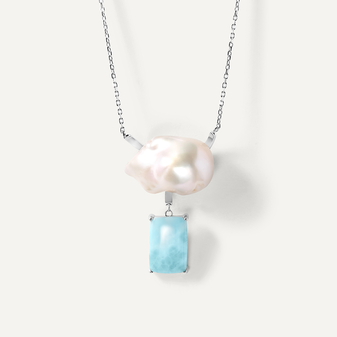 Серебряное колье с ларимаром и жемчугом Барокко