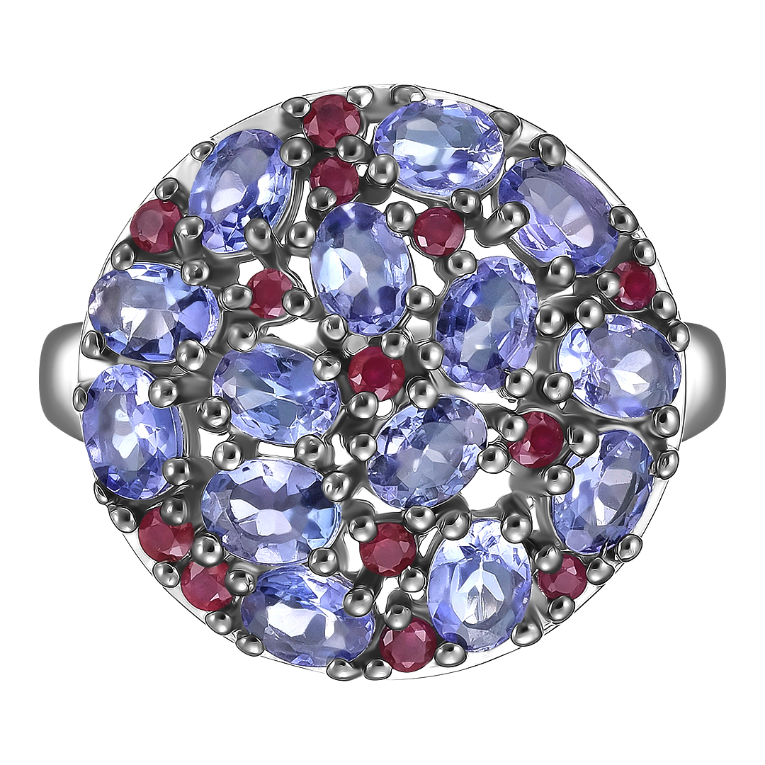 Серебряное кольцо с танзанитами и рубинами