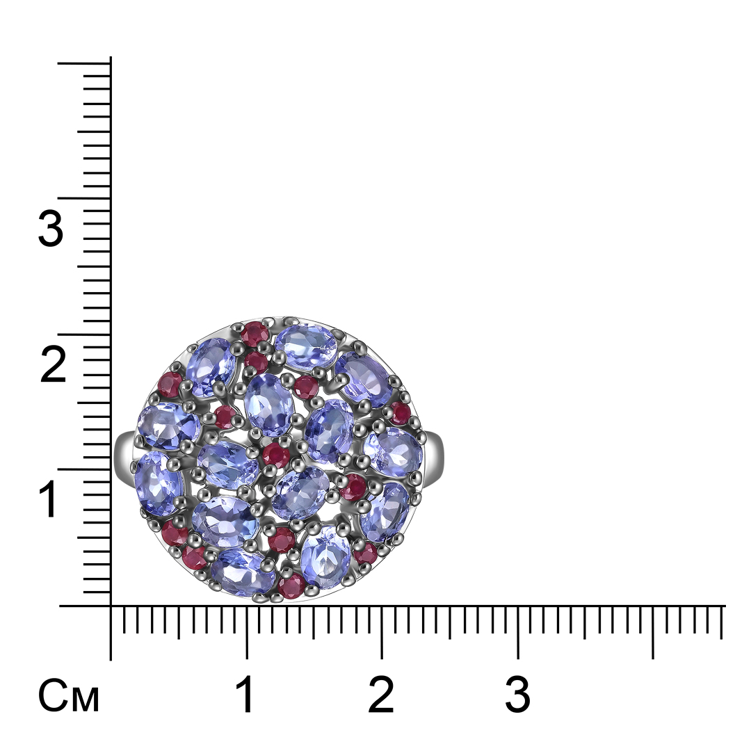 Серебряное кольцо с танзанитами и рубинами