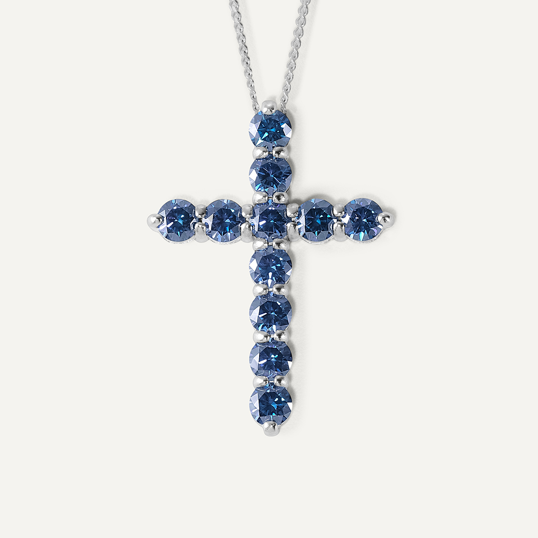 Серебряное колье с синими муассанитами "Крест"
