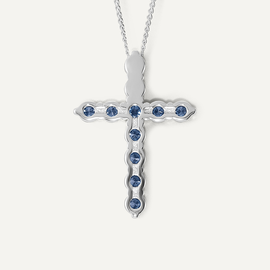 Серебряное колье с синими муассанитами "Крест"