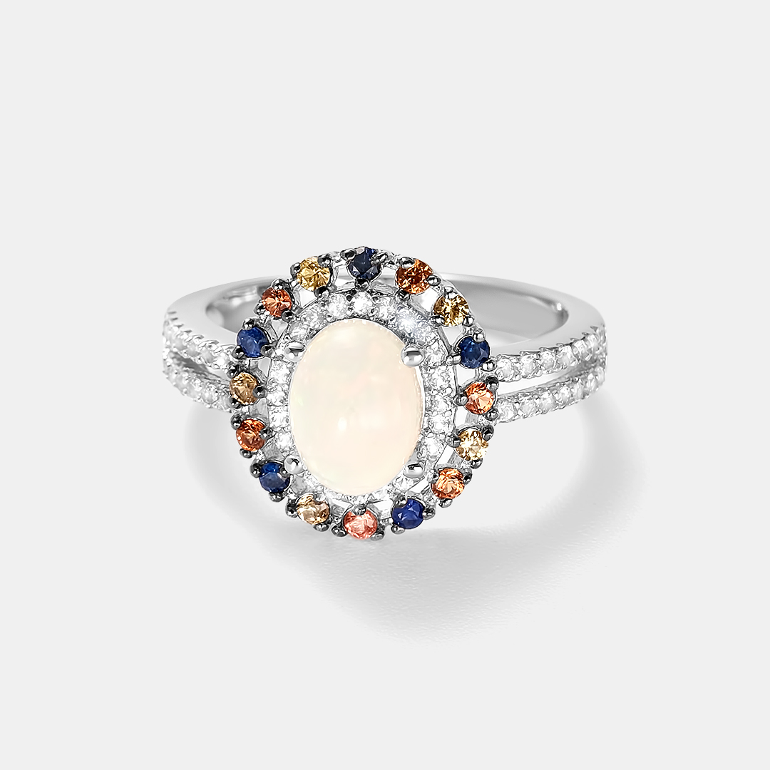 Серебряное кольцо 925 пробы; вставки 1 Опал 0,89ct; 11 Мультисапфир 0,23ct; 5 Сапфир (Н) 0,1ct 2/2; 52 Топаз белый 0,42ct;