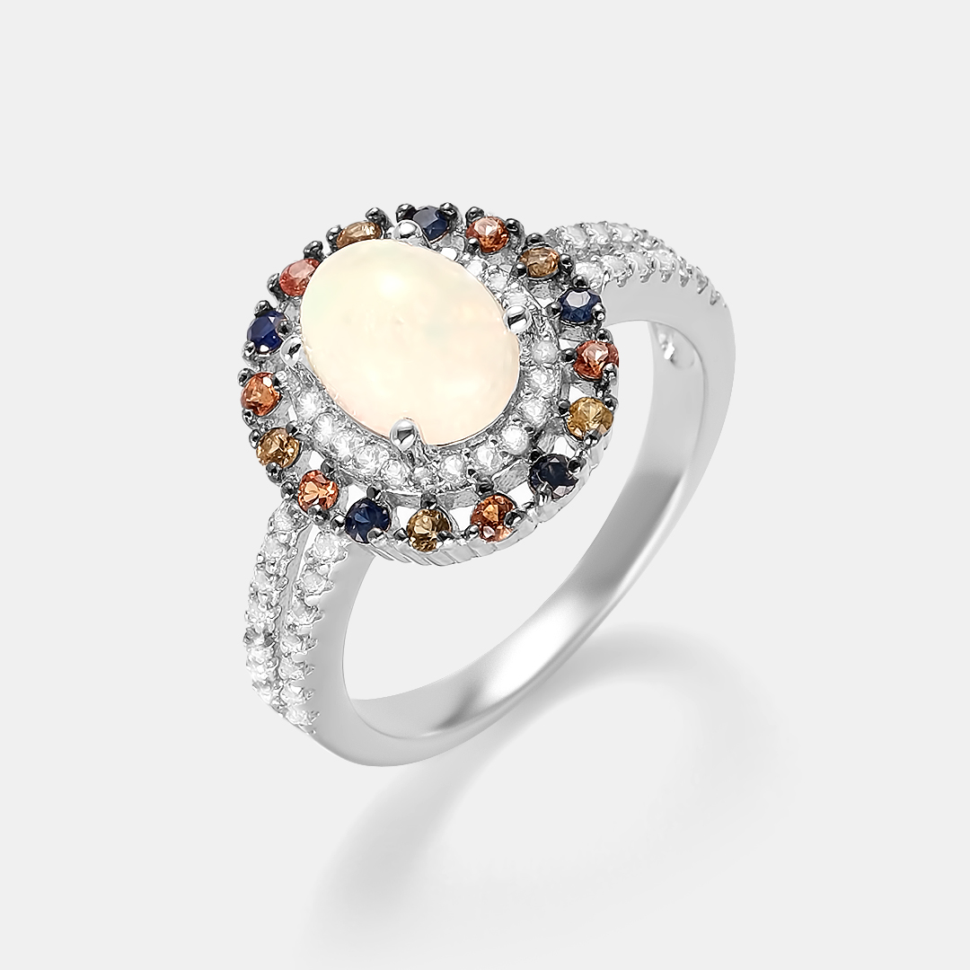 Серебряное кольцо 925 пробы; вставки 1 Опал 0,89ct; 11 Мультисапфир 0,23ct; 5 Сапфир (Н) 0,1ct 2/2; 52 Топаз белый 0,42ct;
