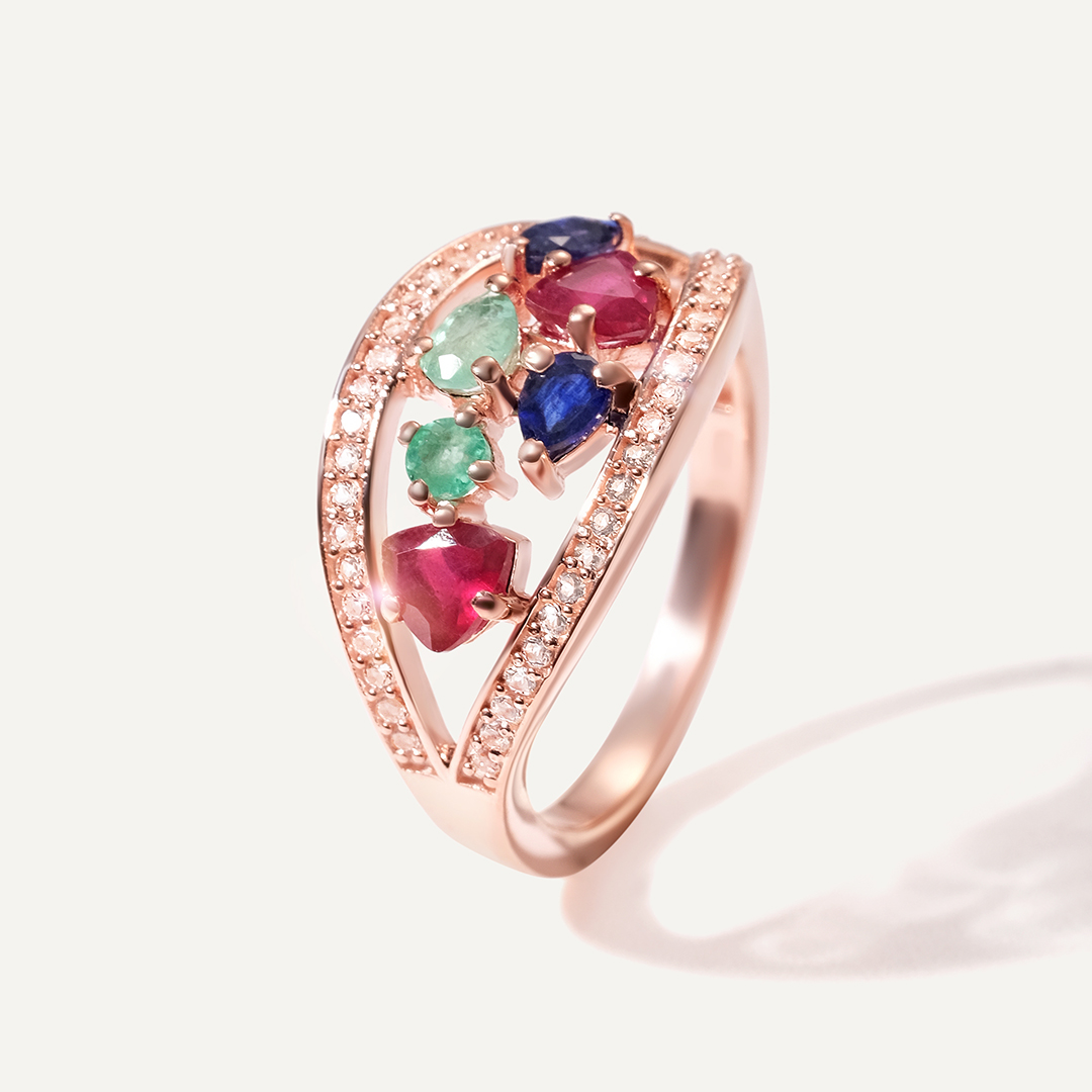 Серебряное кольцо с изумрудами, сапфирами и рубинами