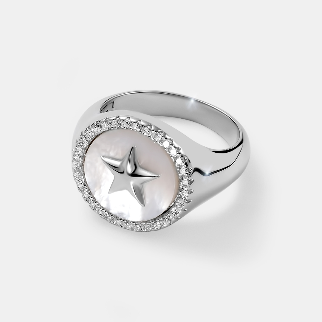 Серебряное кольцо 925 пробы; вставки 1 Перламутр белый 1ct; Россыпь Куб.Цирконий бесцв. 0,5ct;