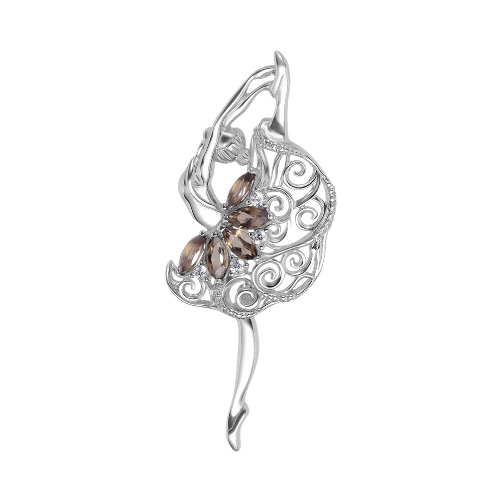 Серебряная брошь 925 пробы; вставки 5 Раухтопаз; 25 Фианит бесцв.;