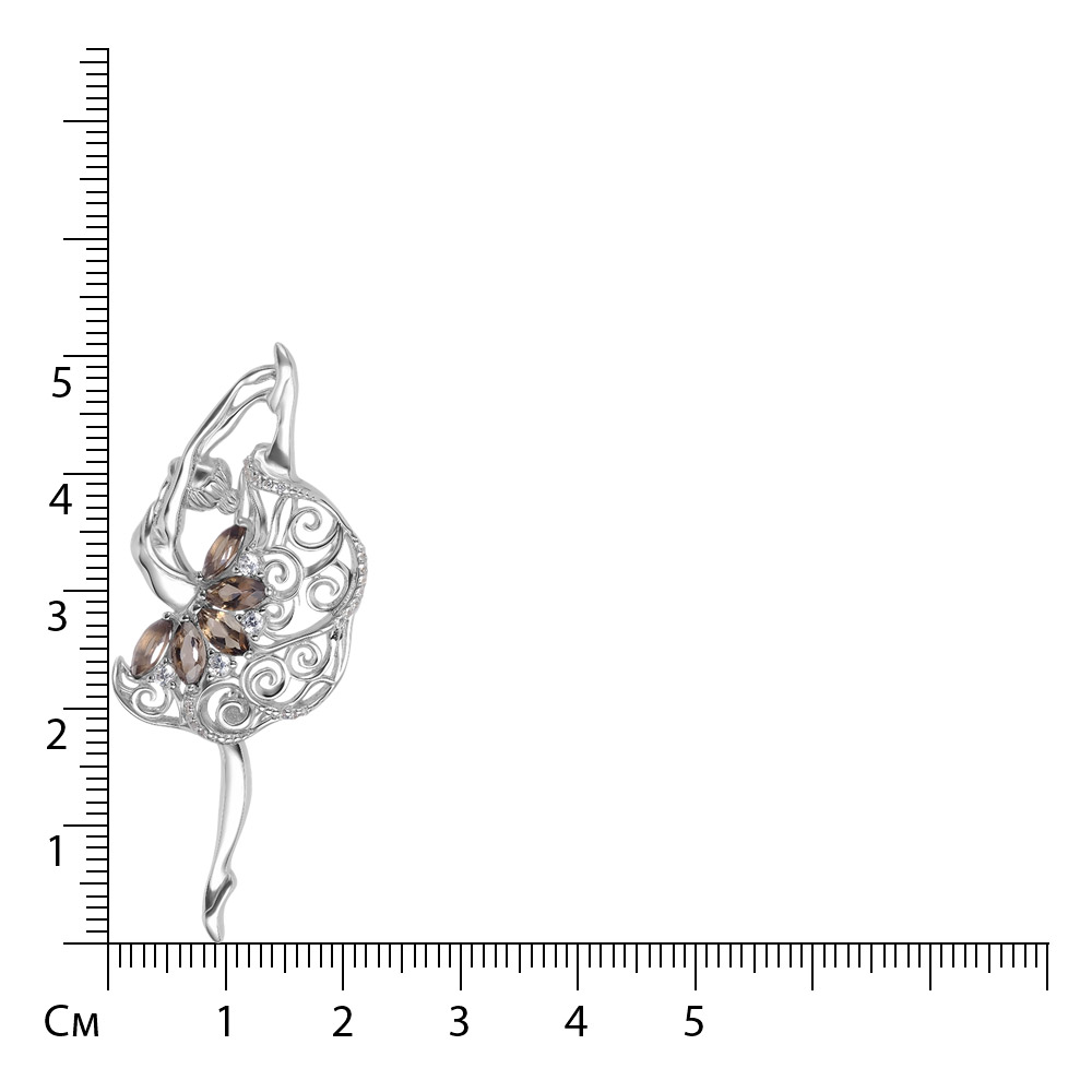 Серебряная брошь 925 пробы; вставки 5 Раухтопаз; 25 Фианит бесцв.;