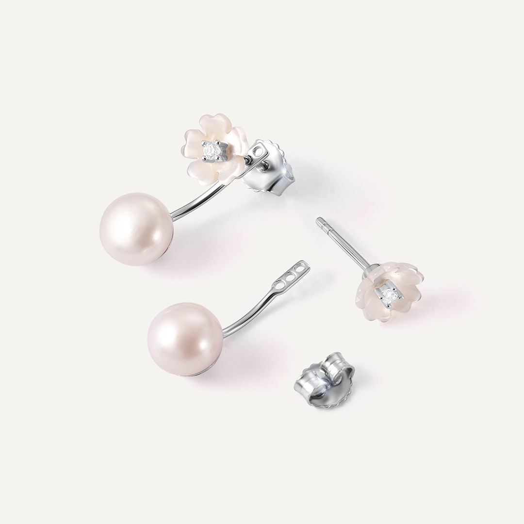 Серебряные серьги-трансформеры с жемчугом "Цветы"