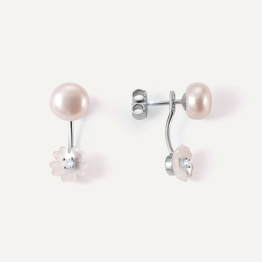 Серебряные серьги-трансформеры с жемчугом "Цветы"