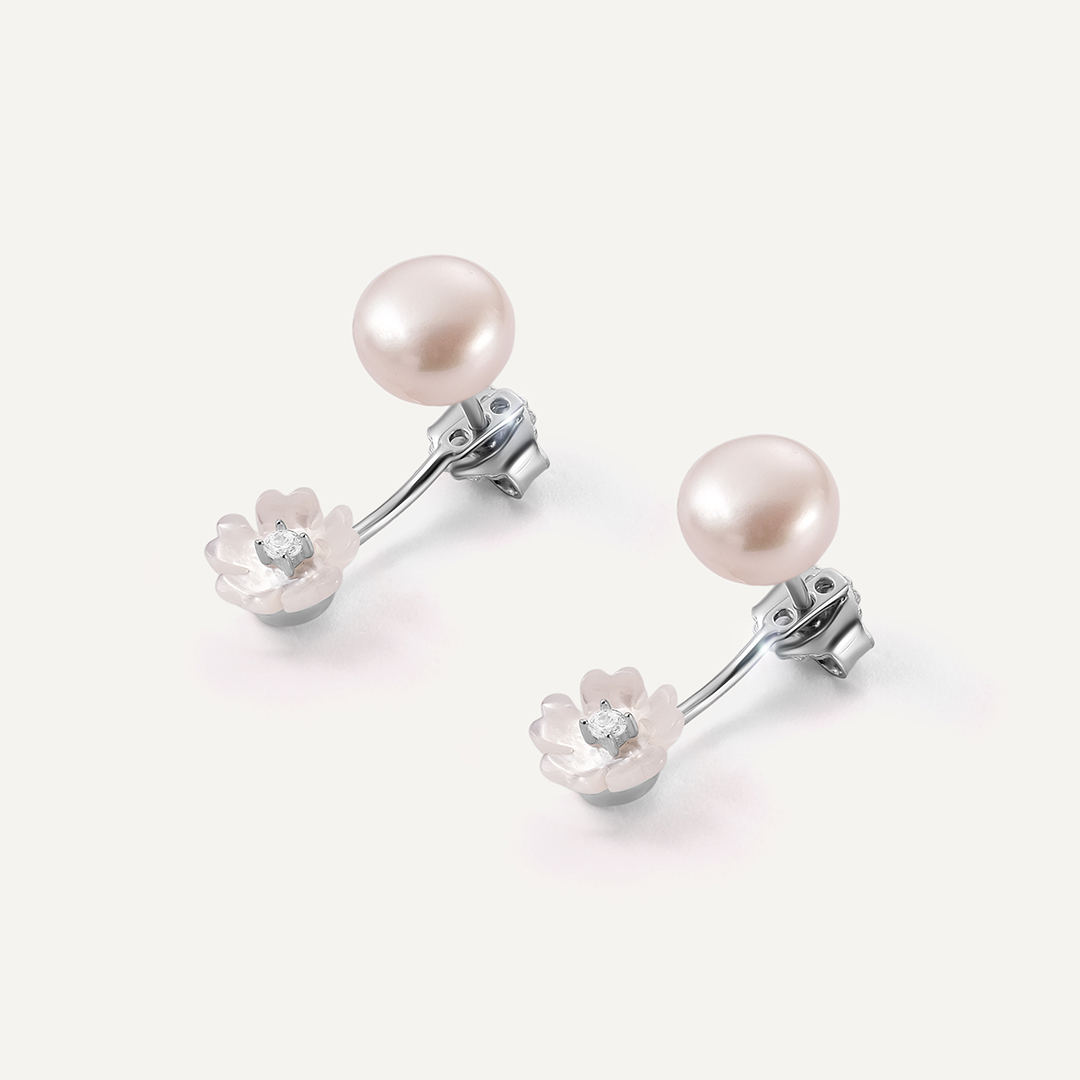 Серебряные серьги-трансформеры с жемчугом "Цветы"
