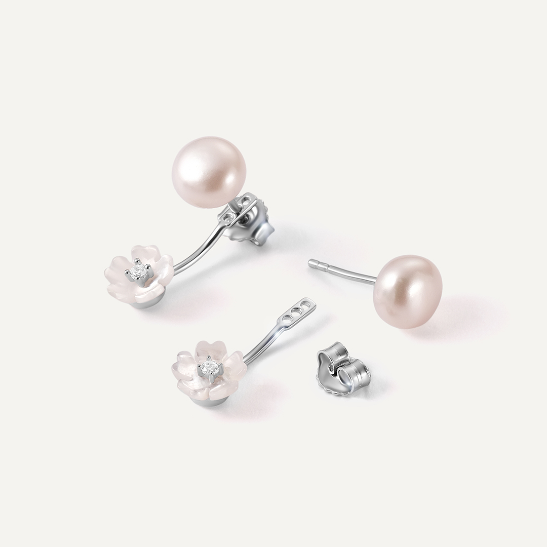 Серебряные серьги-трансформеры с жемчугом "Цветы"