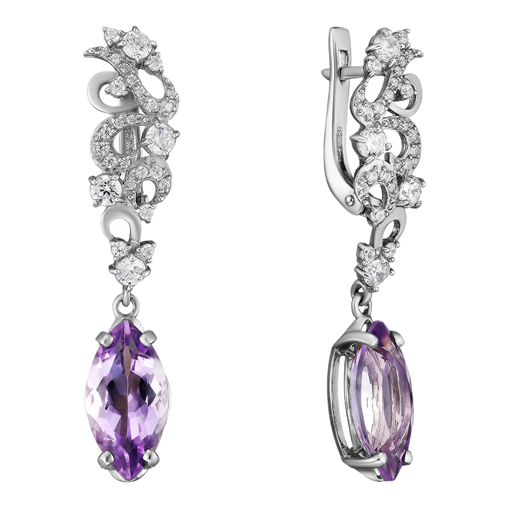Серебряные серьги 925 пробы; вставки 2 Аметист; 56 Фианит бесцв.;