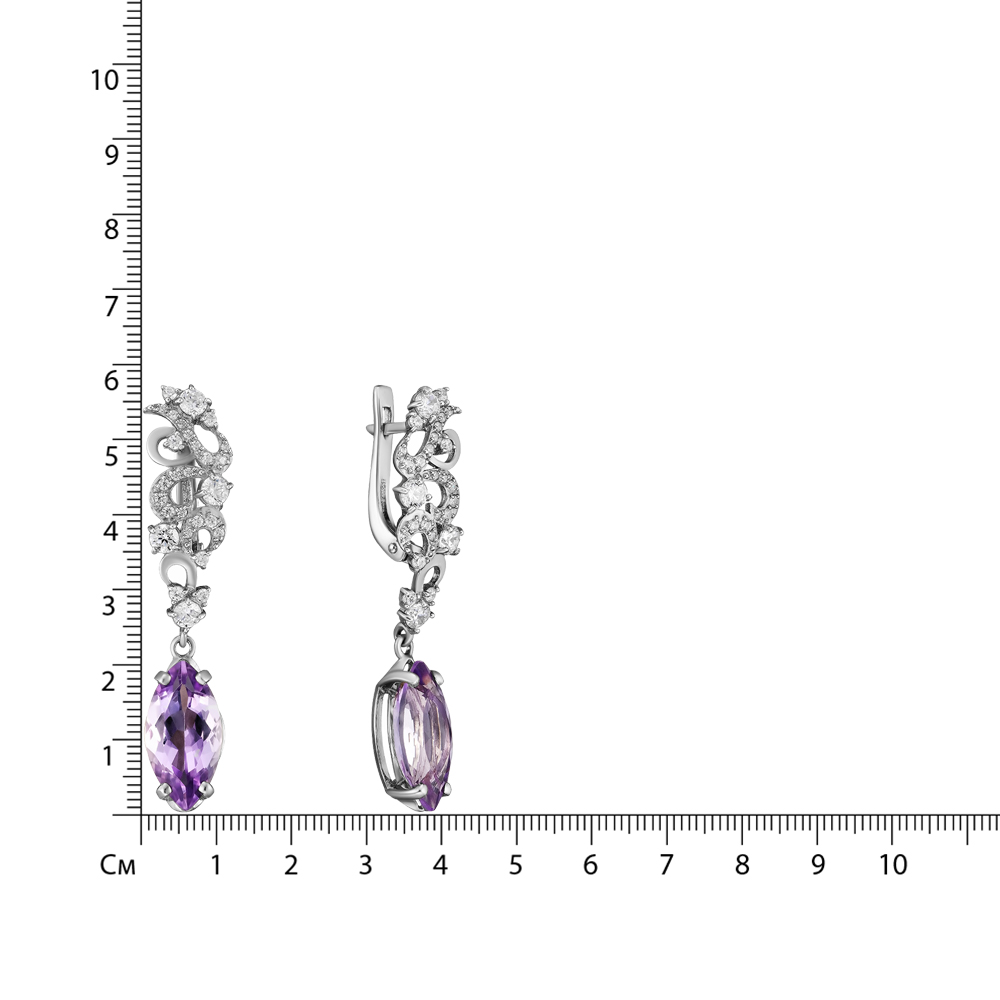 Серебряные серьги 925 пробы; вставки 2 Аметист; 56 Фианит бесцв.;