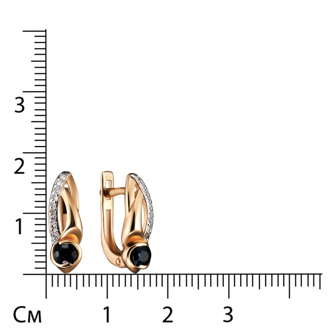 Золотые серьги 585 пробы; вставки 2 Сапфир нат. 0,386 2/2; 2 Бр.Кр-17 0,013 2/3А; 16 Бр.Кр-17 0,048