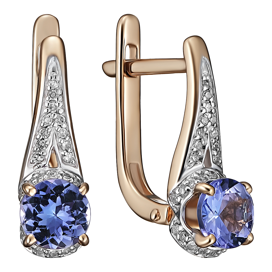 Золотые серьги 585 пробы; родий; вставки 58 Бр.Кр-17 0,125 2/2А; 2 Танзанит;