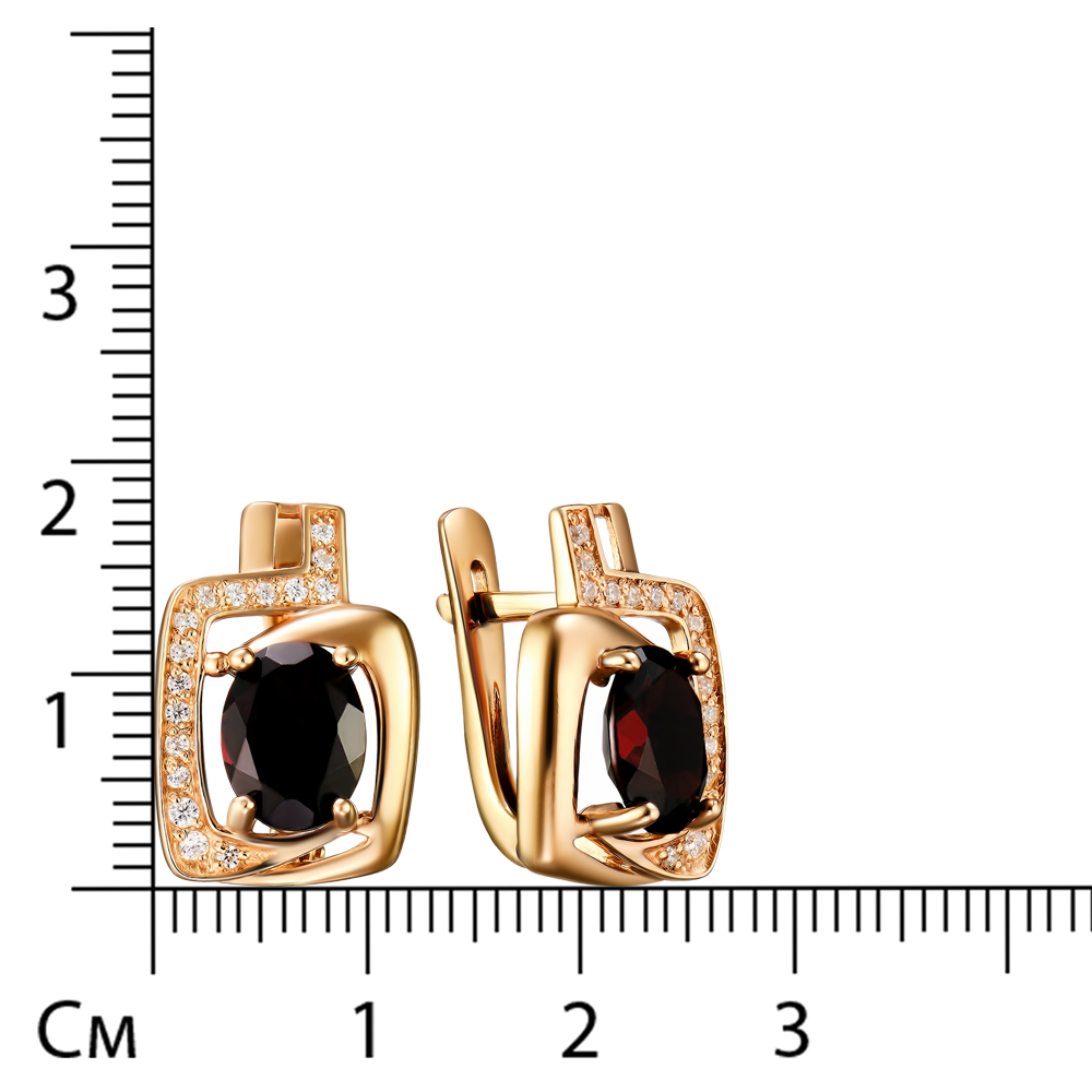 Серебряные серьги 925 пробы; вставки 2 Гранат; 32 Куб. Цирконий бесцв.;