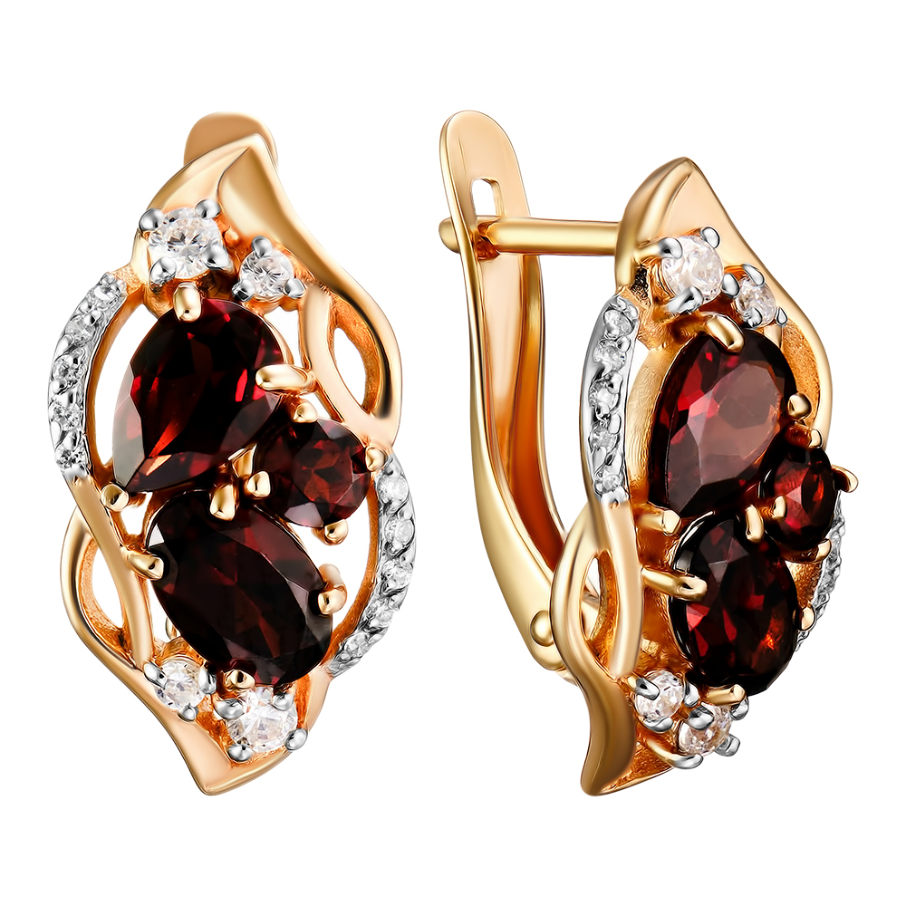 Серебряные серьги 925 пробы; вставки 28 Фианит бесцв.; 6 Гранат;