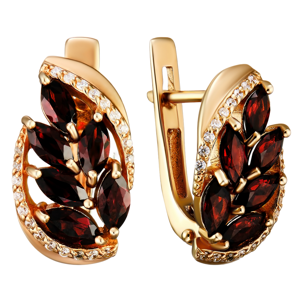 Серебряные серьги 925 пробы; вставки 12 Гранат; 42 Фианит бесцв.;