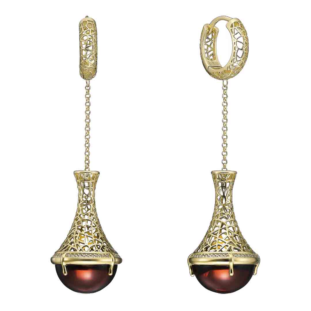 Серебряные серьги 925 пробы; вставки 2 Янтарь коричн.; Россыпь Фианит бесцв.;