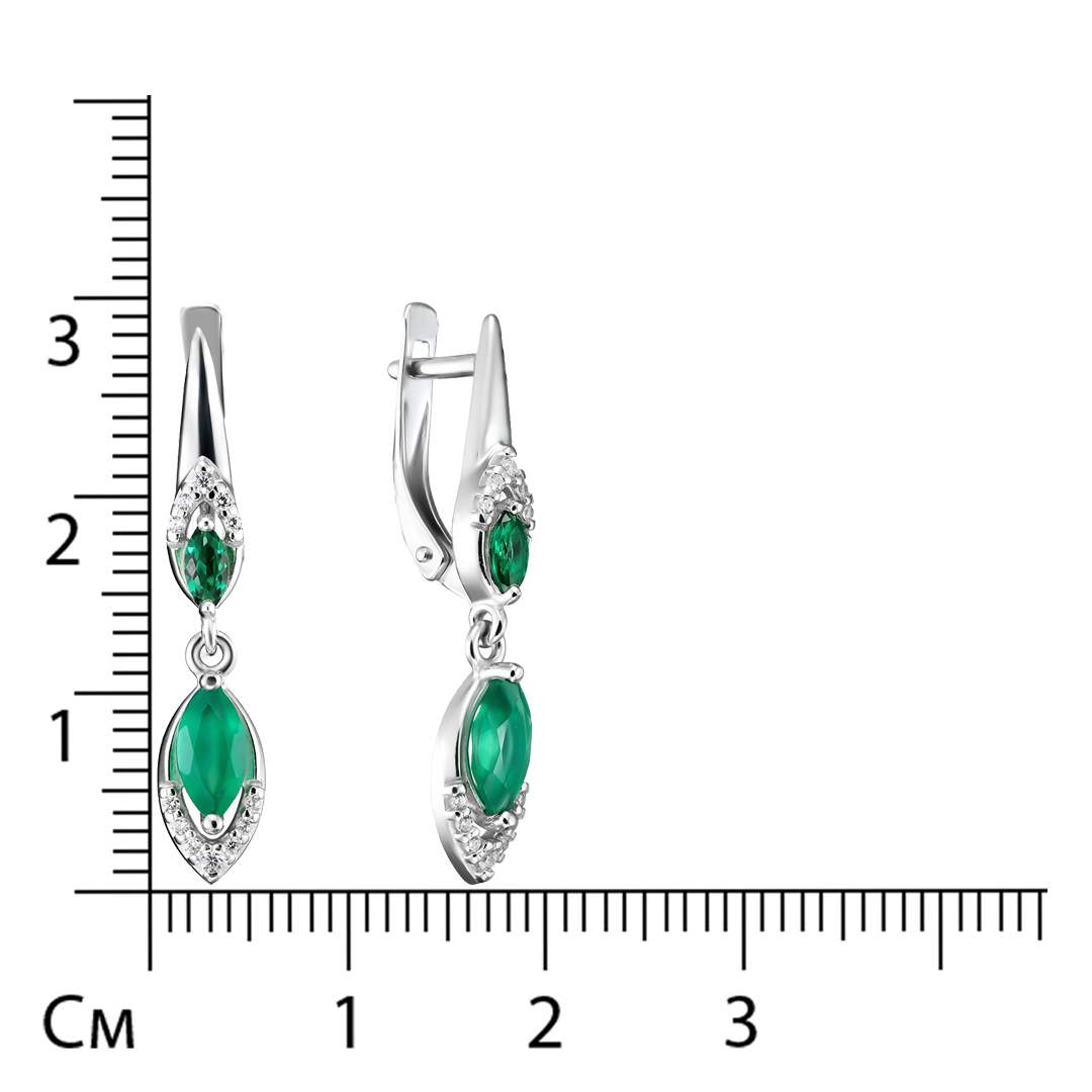Серебряные серьги 925 пробы; вставки 2 Агат зеленый; 2 Фианит зеленый; 24 Фианит бесцв.;