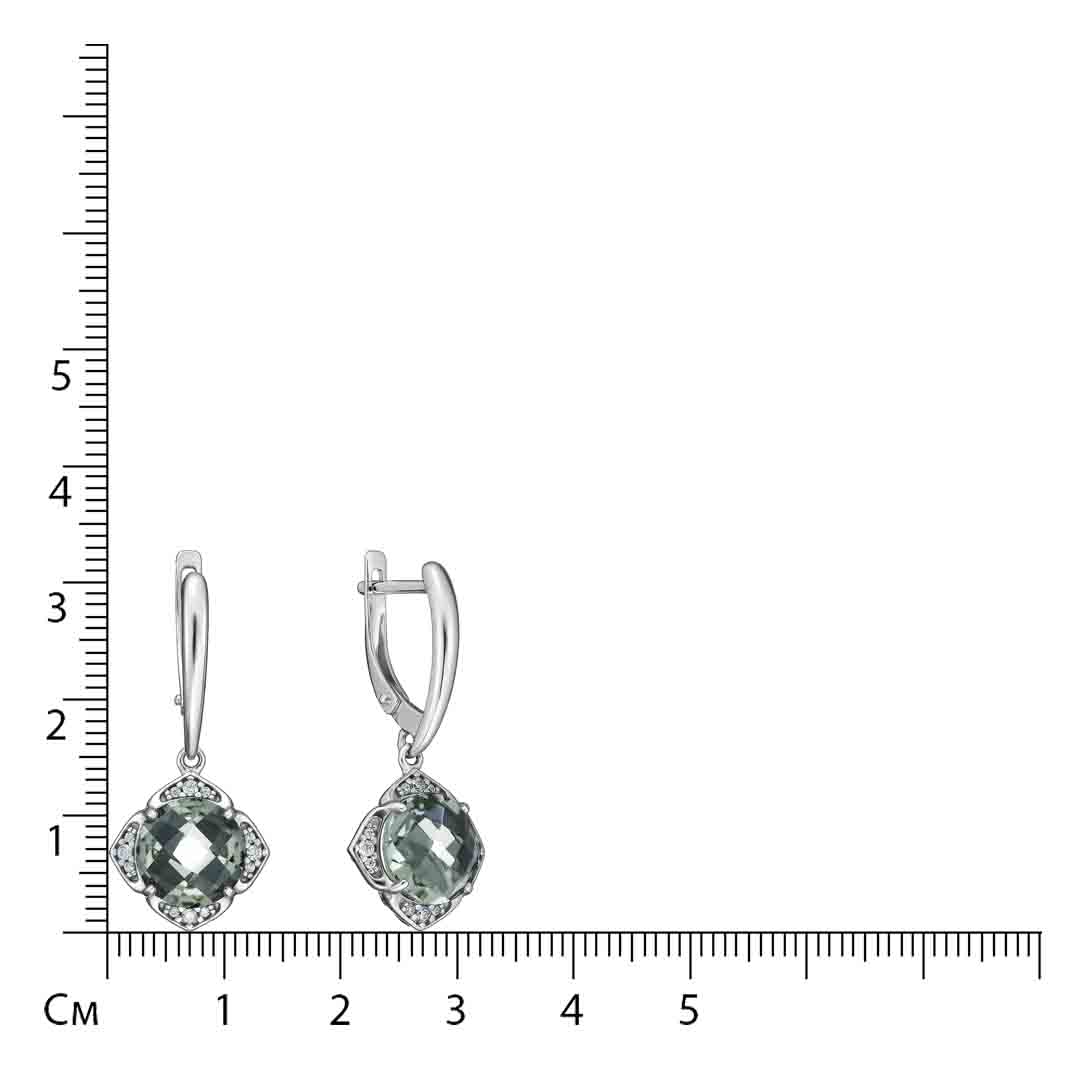 Серебряные серьги 925 пробы; вставки 2 Кварц синт. зеленый; Россыпь Фианит бесцв.;