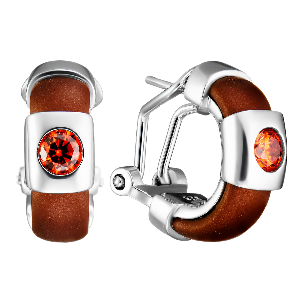 Серебряные серьги 925 пробы; вставки Каучук корич.; 2 Фианит оранж.;