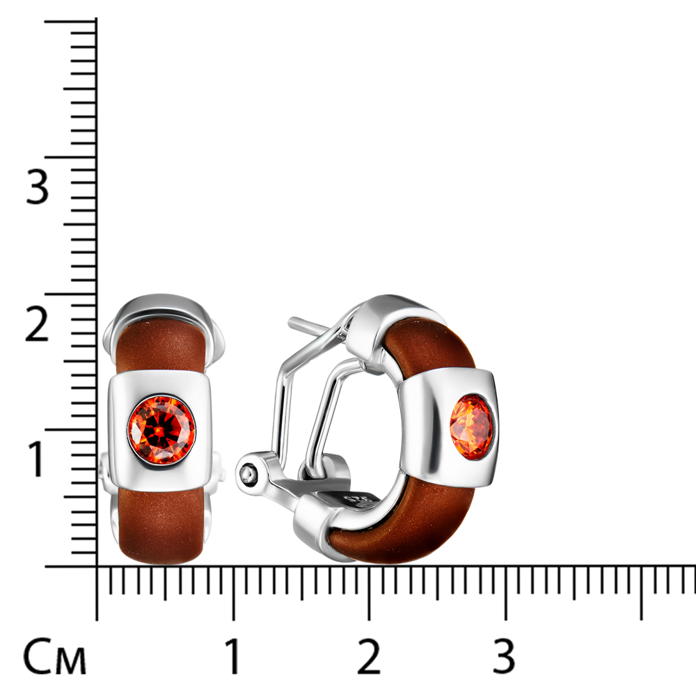 Серебряные серьги 925 пробы; вставки Каучук корич.; 2 Фианит оранж.;
