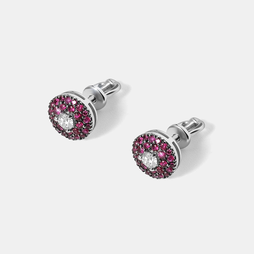 Серьги-пусеты из белого золота с бриллиантами и рубинами
