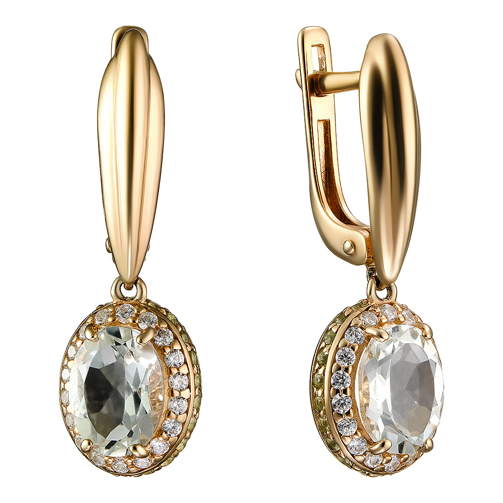 Серебряные серьги 925 пробы; вставки 36 Фианит бесцв.; 44 Фианит зел; 2 Празиолит;