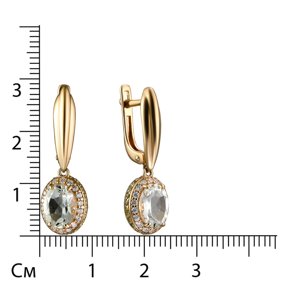 Серебряные серьги 925 пробы; вставки 36 Фианит бесцв.; 44 Фианит зел; 2 Празиолит;