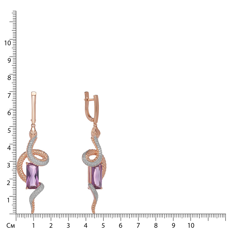 Серебряные серьги 925 пробы; Змеи; вставки 2 Александрит ГТ фиолет.; 202 Фианит бесцв.;