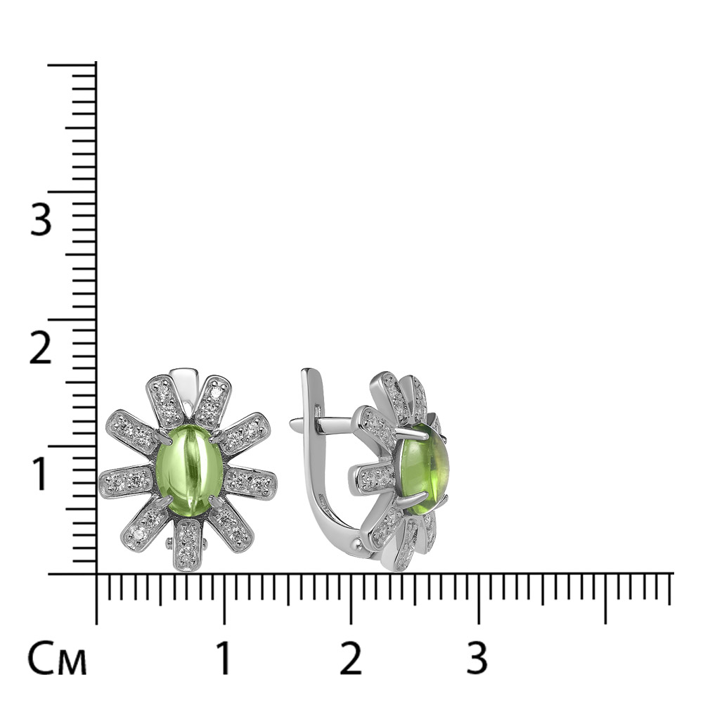 Серебряные серьги 925 пробы; вставки 2 Хризолит нат.; 36 Фианит бесцв.;