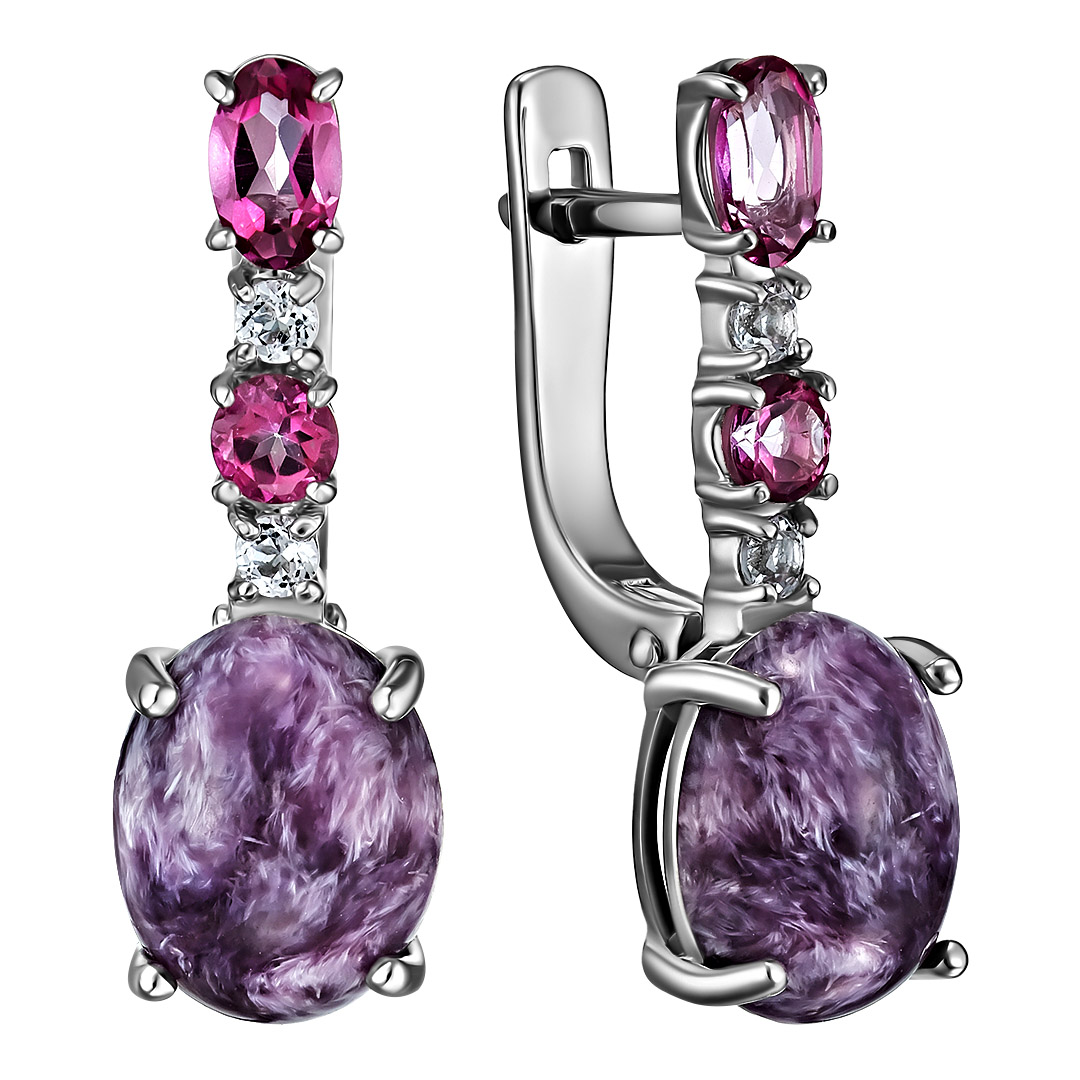 Серебряные серьги 925 пробы; вставки 2 Чароит; 8 Топаз;