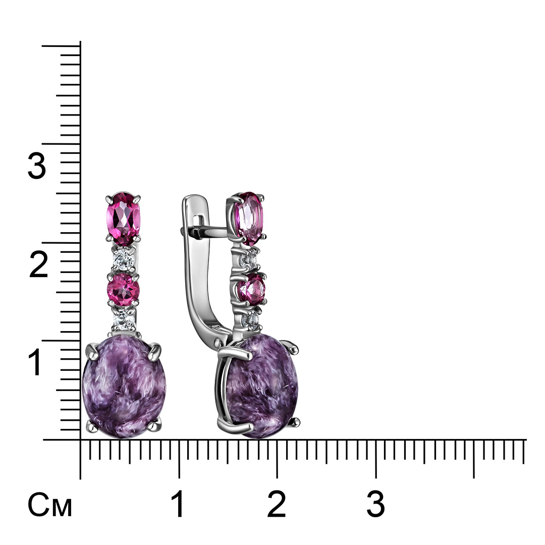 Серебряные серьги 925 пробы; вставки 2 Чароит; 8 Топаз;