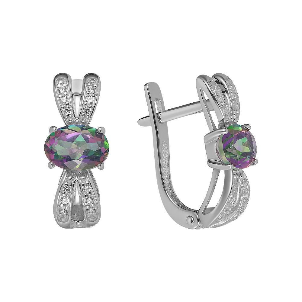 Серебряные серьги 925 пробы; вставки 2 Топаз мистик; 24 Фианит бесцв.;