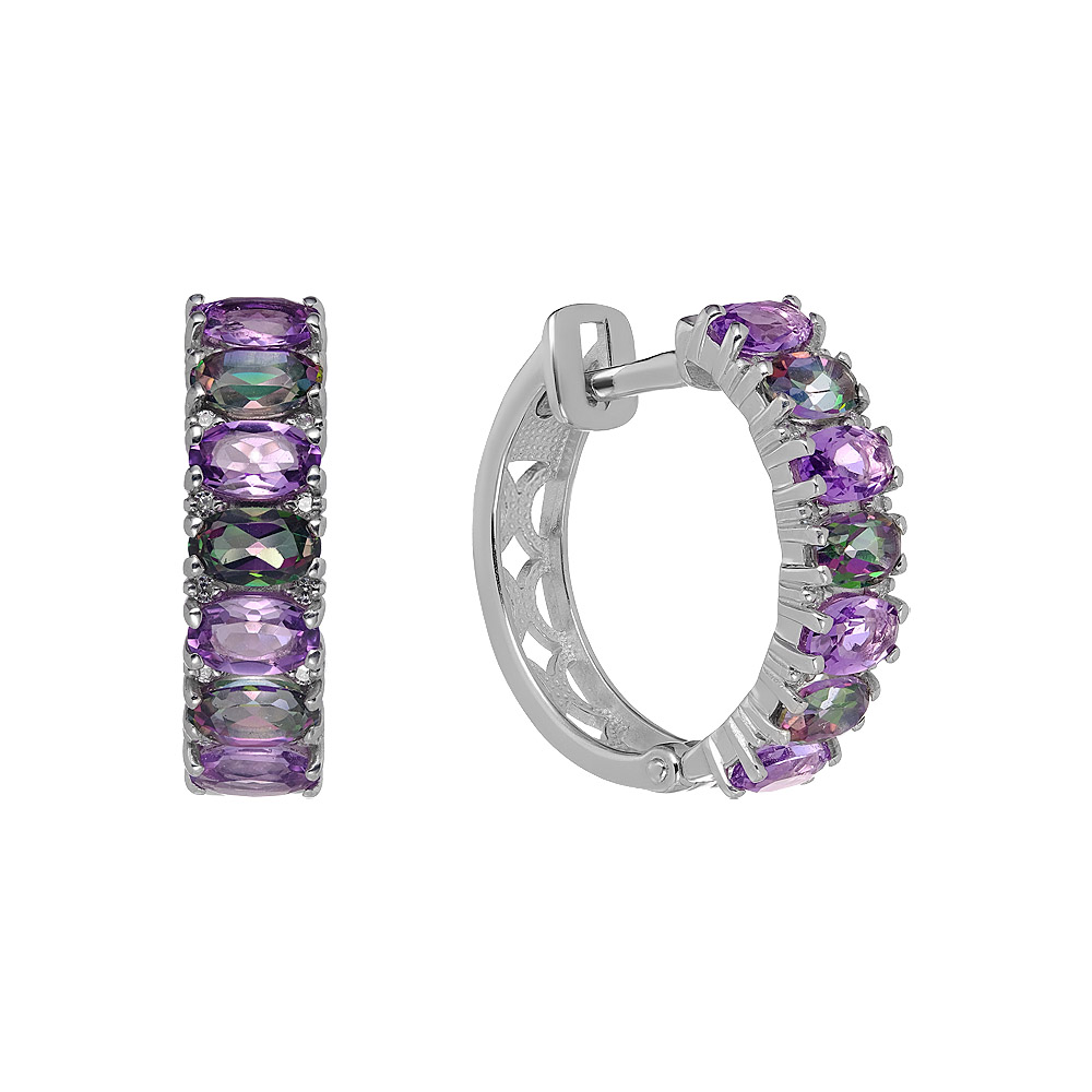 Серебряные серьги-конго 925 пробы; вставки 24 Фианит бесцв.; 8 Аметист; 6 Топаз мистик;