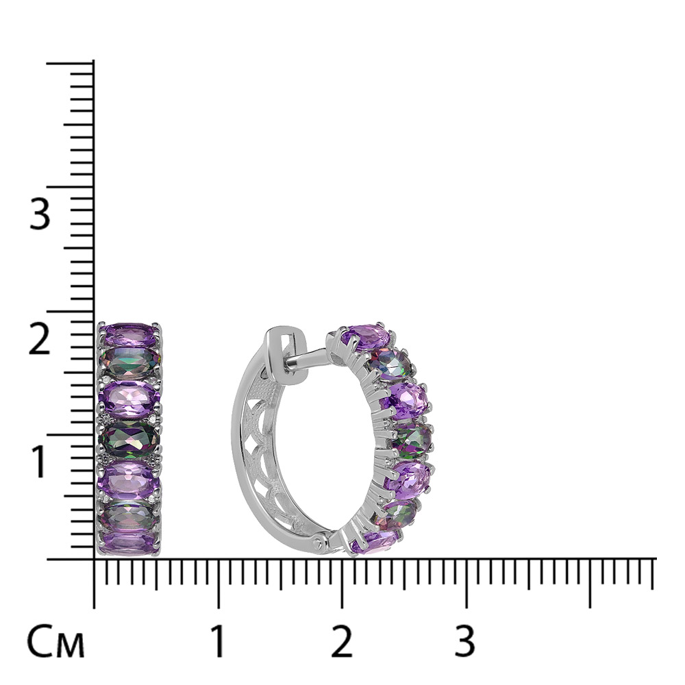 Серебряные серьги-конго 925 пробы; вставки 24 Фианит бесцв.; 8 Аметист; 6 Топаз мистик;