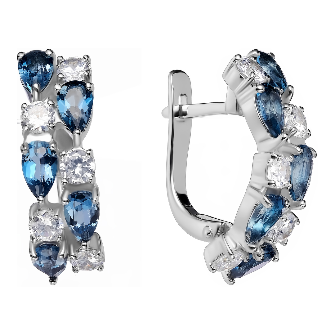 Серебряные серьги 925 пробы; вставки 10 Топаз Лондон; 10 Фианит бесцв.;