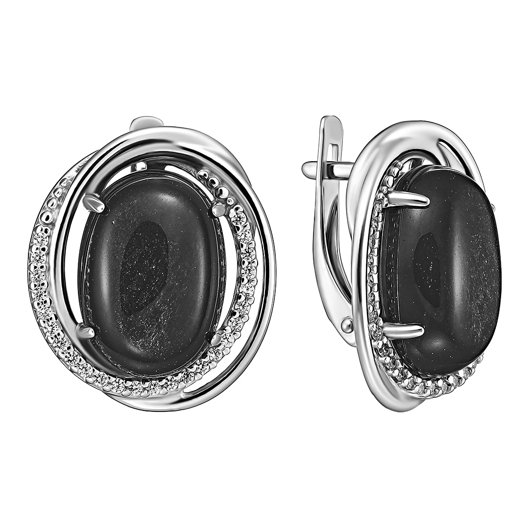 Серебряные серьги 925 пробы; вставки 2 Обсидиан; 50 Фианит бесцв.;