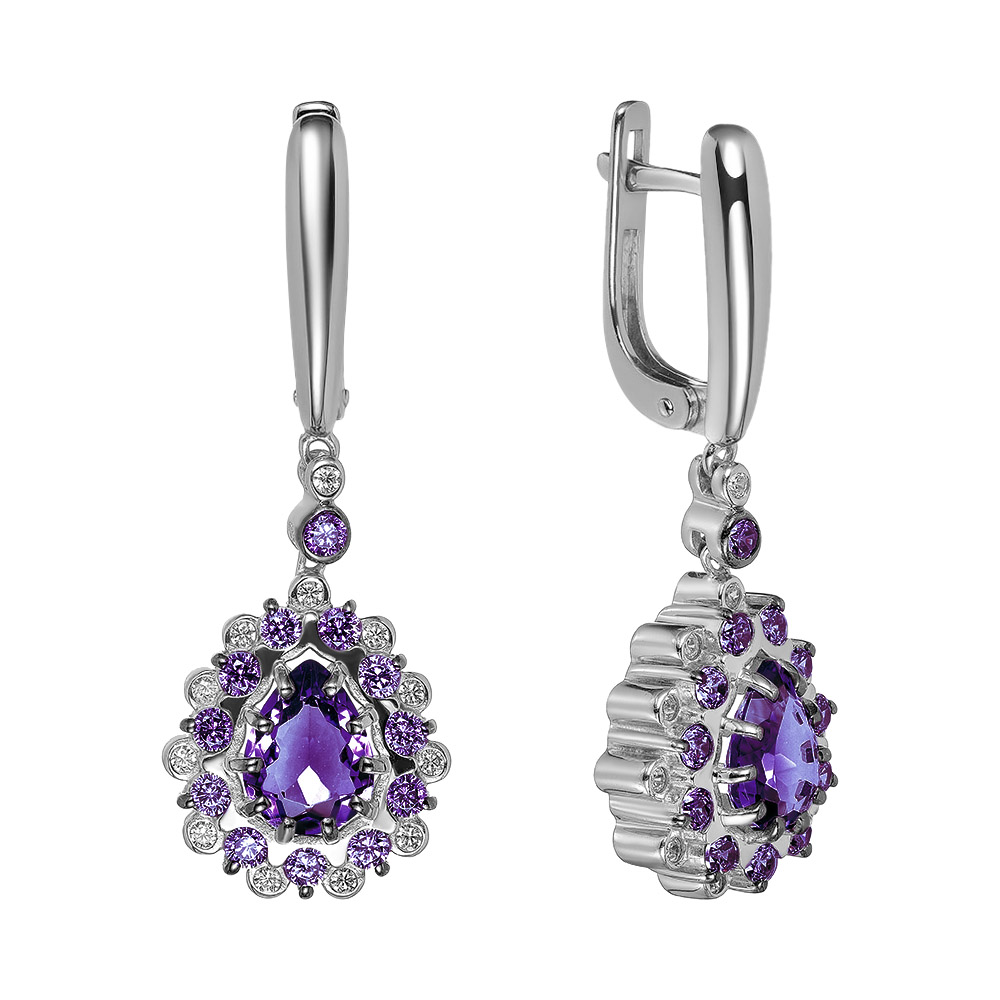 Серебряные серьги 925 пробы; чернение; вставки 2 Аметист; 24 Фианит бесцв.; 24 Фианит фиолет.;