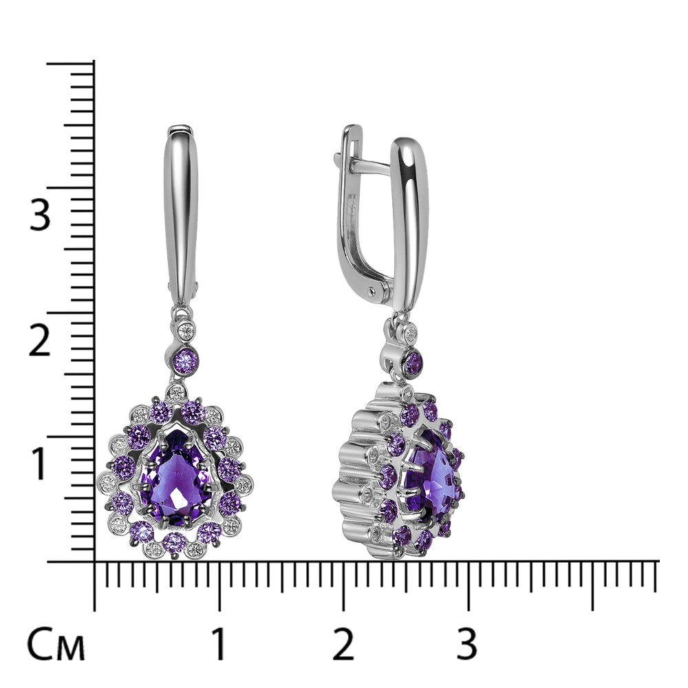 Серебряные серьги 925 пробы; чернение; вставки 2 Аметист; 24 Фианит бесцв.; 24 Фианит фиолет.;