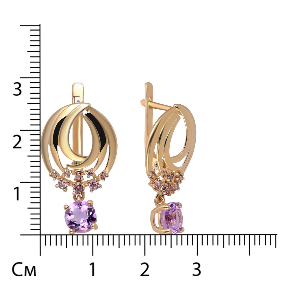 Серебряные серьги 925 пробы; вставки 2 Аметист; 16 Фианит фиолетовый;