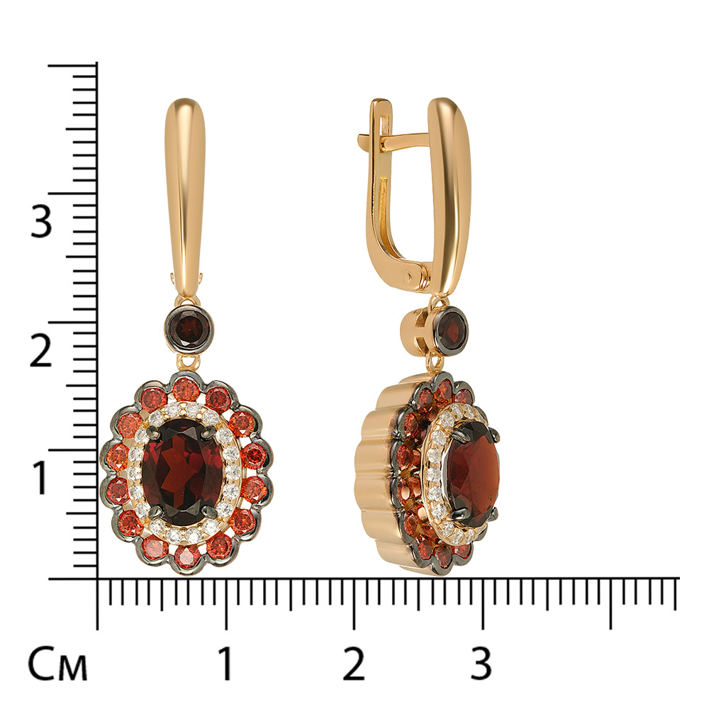 Серебряные серьги 925 пробы; с чернением; вставки 4 Гранат; 28 Фианит красный; 36 Фианит бесцв.;
